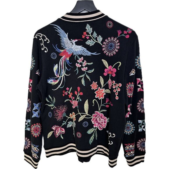 JOHNNY WAS Black French Terry Bomber Jacket Embroidered Boho Small Boho - Picture 3 of 10